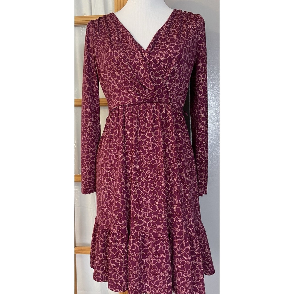Gili V Neck Mini Dress Sz S Burgundy Abstract Ruffled Hem Long Sleeve City Party